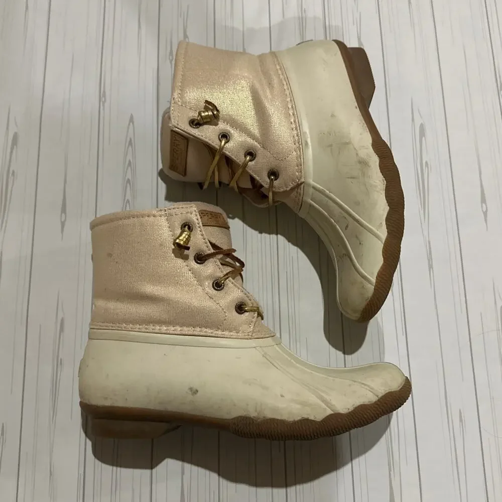 Womens Sperry Top-Sider Saltwater Canvas Rain Boots Oat/Gold Waterproof Rubber